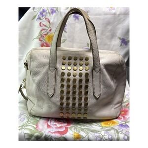 Fossil Sydney Studded Leather Shopper Tote Sand Carryall 14"